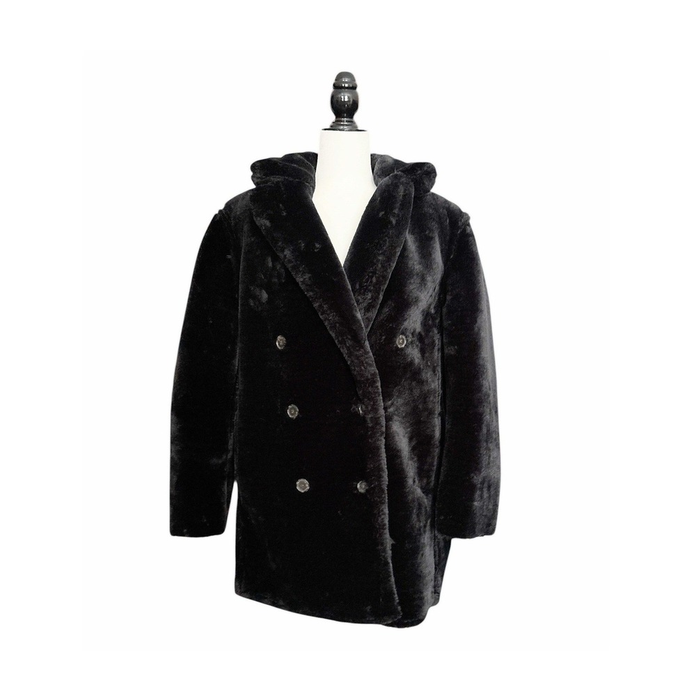 J. Crew Black Faux Fur Double Breasted Pea‎ Coat Women's XL Quiet Luxury NWT